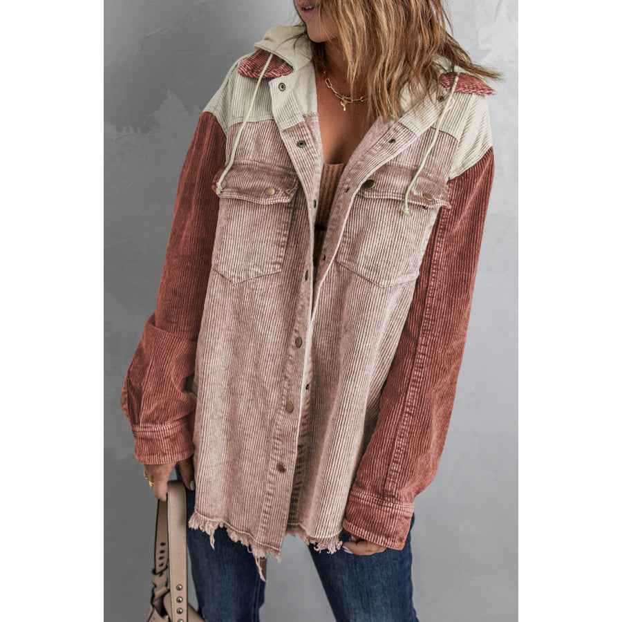 Snap Front Hooded Corduroy Shacket Blush Pink / S Apparel and Accessories