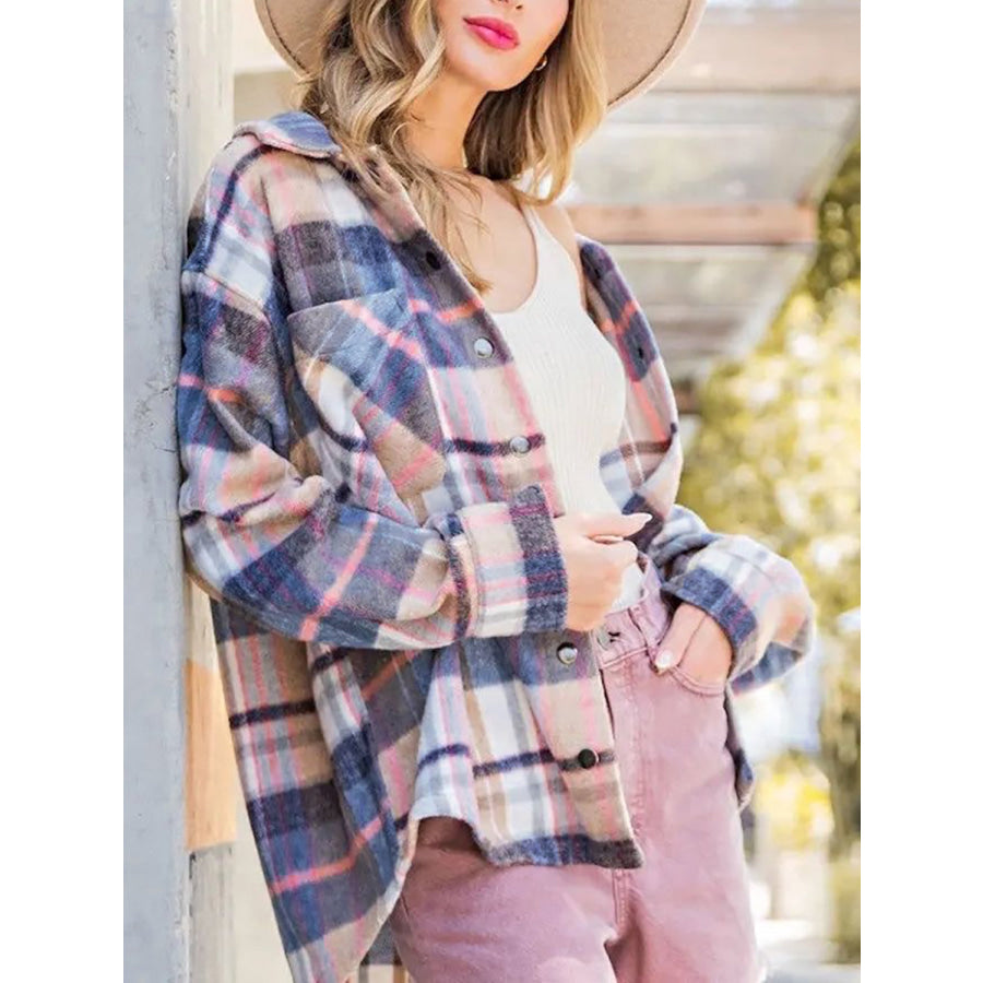 Snap Up Plaid Collared Neck Jacket with Pocket Apparel and Accessories