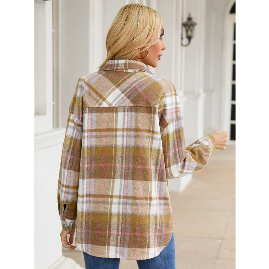 Snap Up Plaid Collared Neck Jacket with Pocket Apparel and Accessories