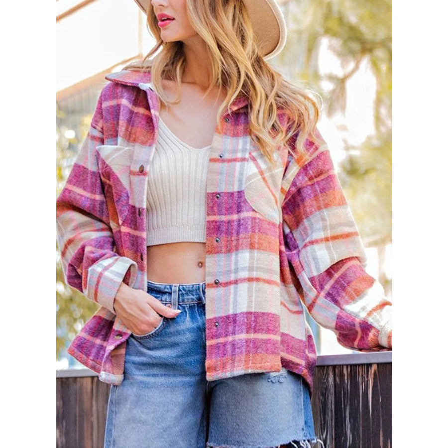 Snap Up Plaid Collared Neck Jacket with Pocket Apparel and Accessories