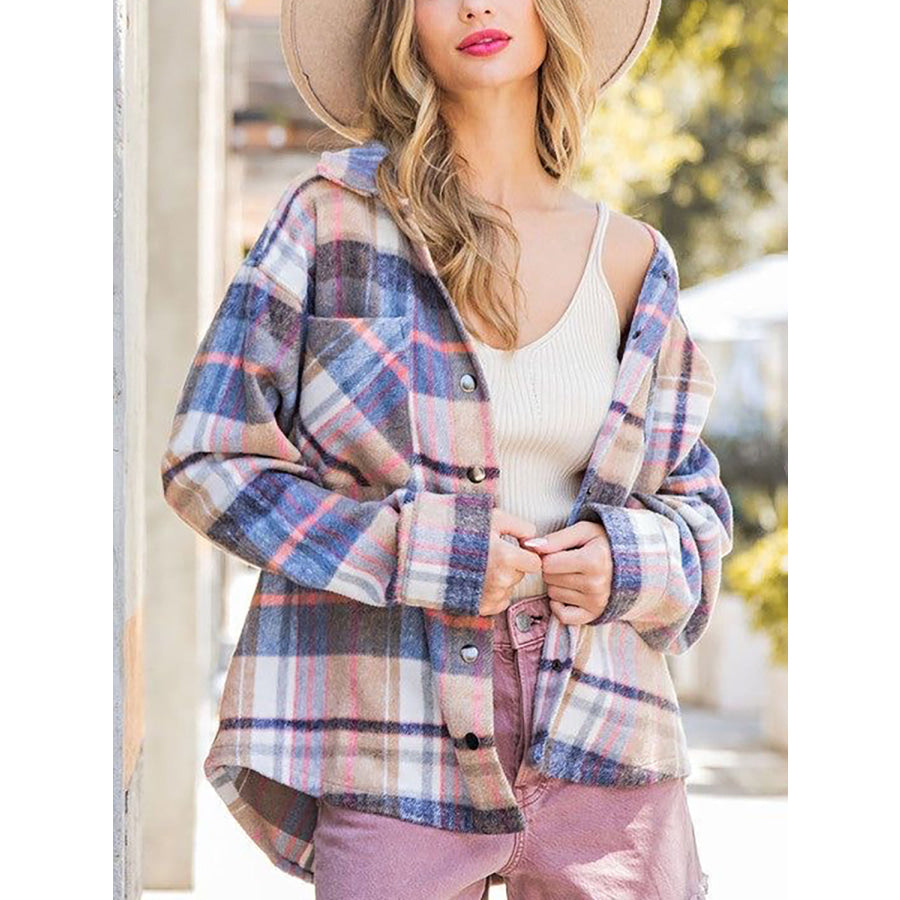 Snap Up Plaid Collared Neck Jacket with Pocket Apparel and Accessories