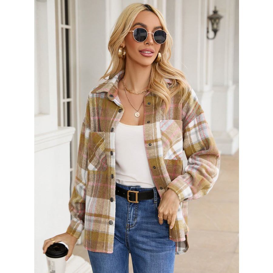 Snap Up Plaid Collared Neck Jacket with Pocket Mustard / S Apparel and Accessories