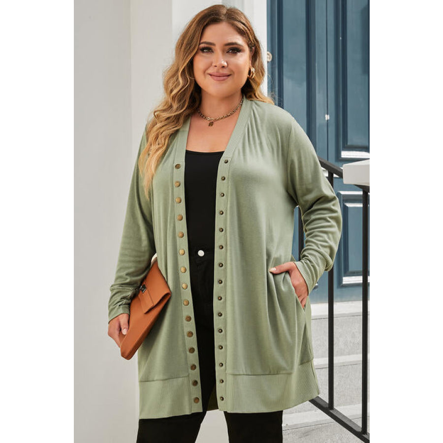 Snap Up V - Neck Long Sleeve Cardigan with Pockets Clothing