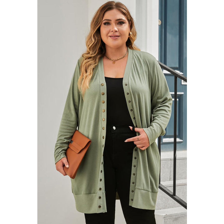 Snap Up V - Neck Long Sleeve Cardigan with Pockets Matcha Green / 1XL Clothing