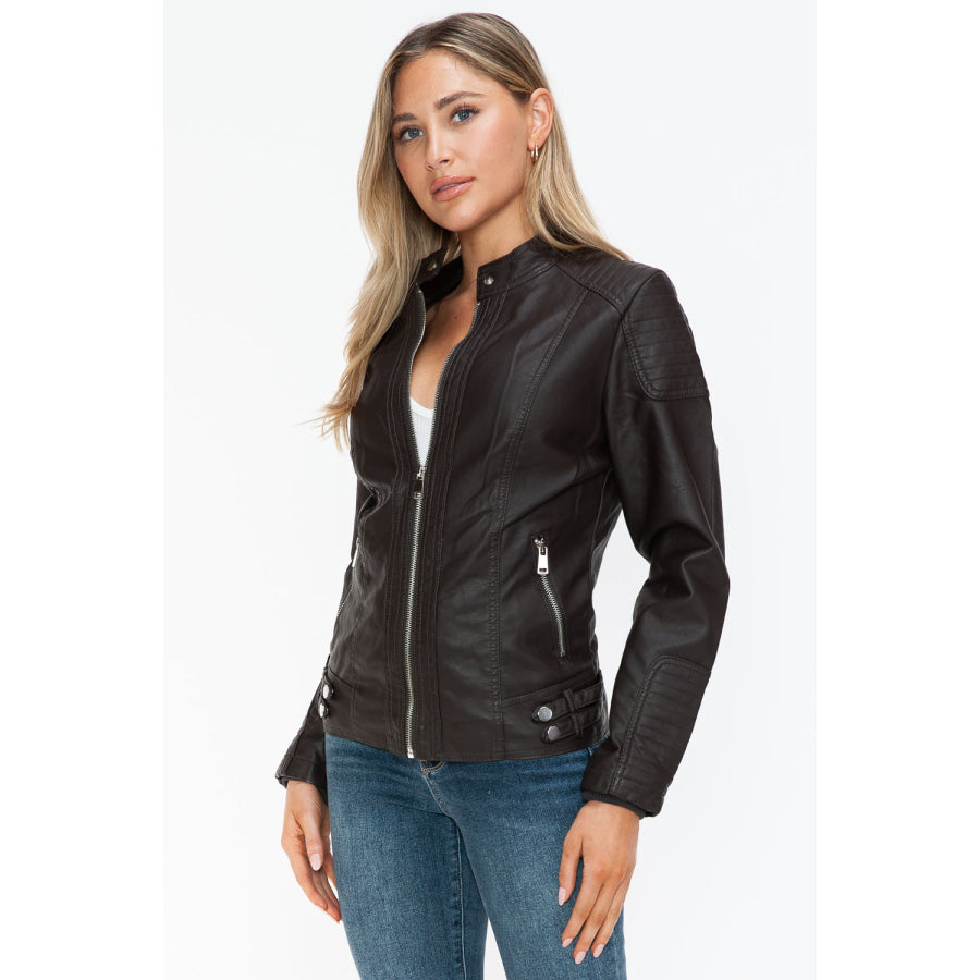 Snobbish Faux Leather Biker Jacket with Side Zip Pockets Apparel and Accessories