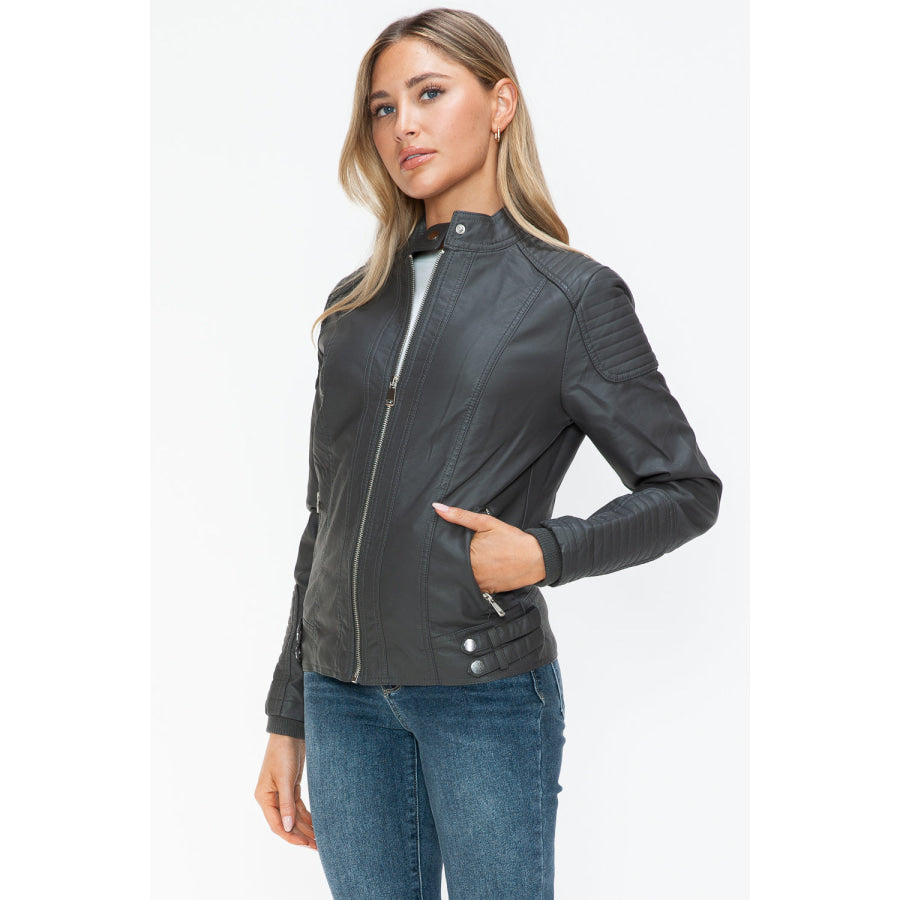 Snobbish Faux Leather Biker Jacket with Side Zip Pockets Apparel and Accessories