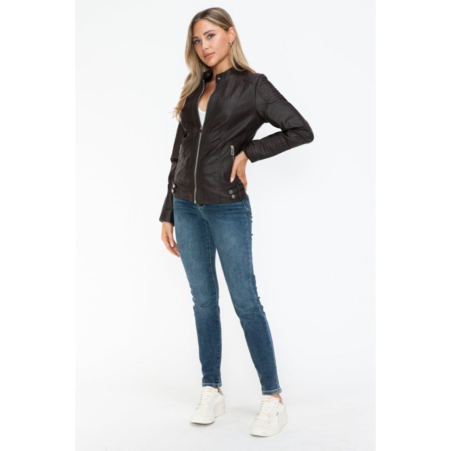 Snobbish Faux Leather Biker Jacket with Side Zip Pockets Apparel and Accessories