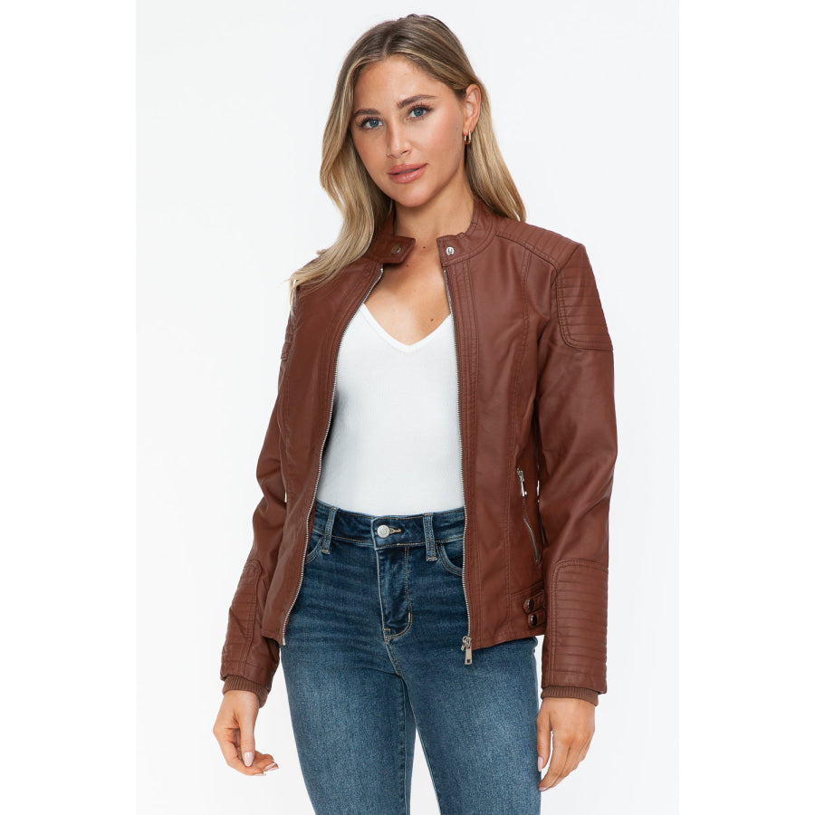 Snobbish Faux Leather Biker Jacket with Side Zip Pockets Apparel and Accessories