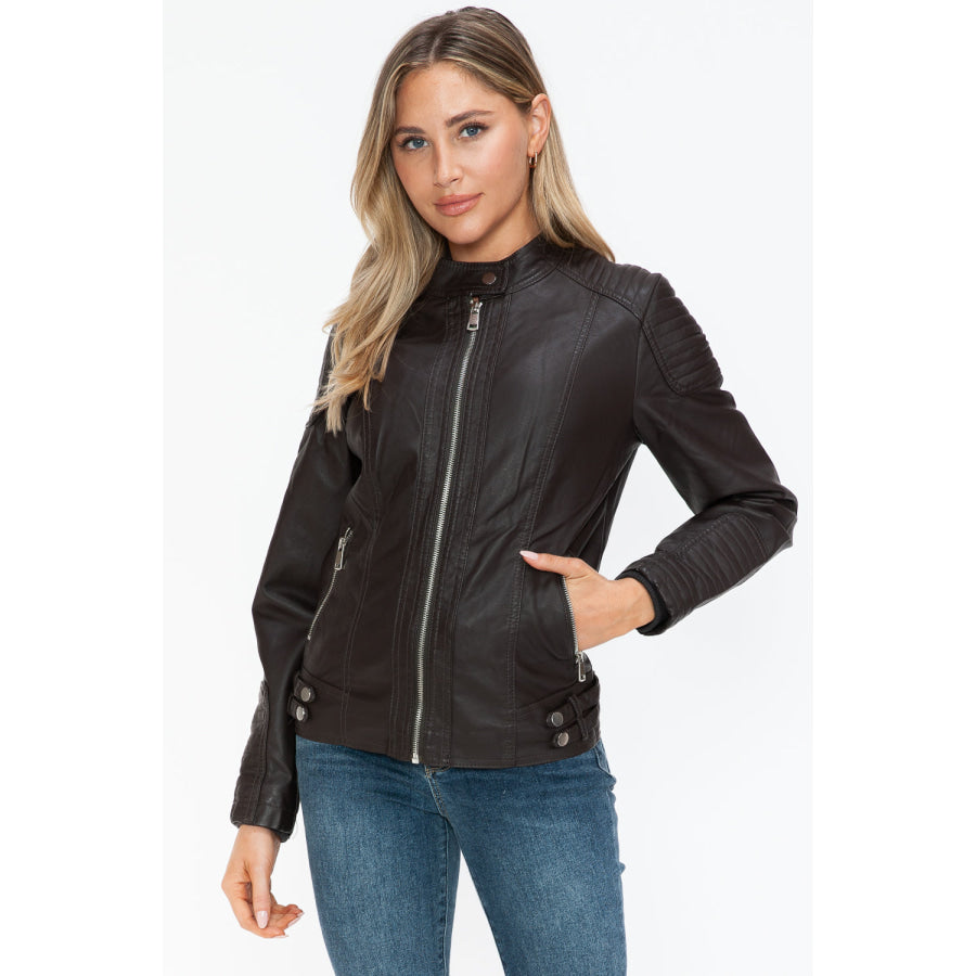 Snobbish Faux Leather Biker Jacket with Side Zip Pockets Apparel and Accessories