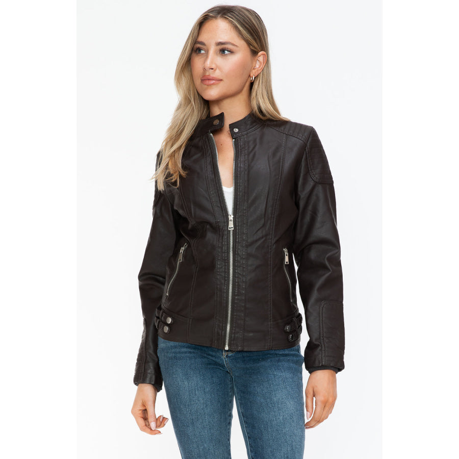 Snobbish Faux Leather Biker Jacket with Side Zip Pockets Apparel and Accessories