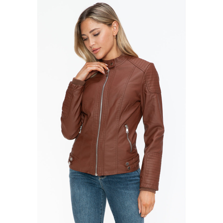 Snobbish Faux Leather Biker Jacket with Side Zip Pockets Apparel and Accessories