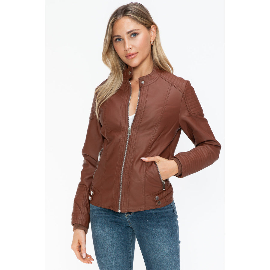 Snobbish Faux Leather Biker Jacket with Side Zip Pockets Apparel and Accessories