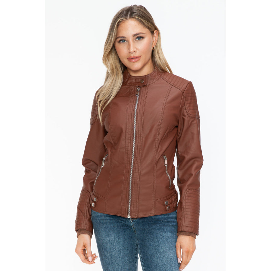 Snobbish Faux Leather Biker Jacket with Side Zip Pockets Apparel and Accessories