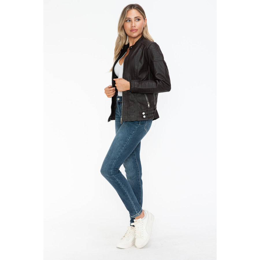 Snobbish Faux Leather Biker Jacket with Side Zip Pockets Apparel and Accessories