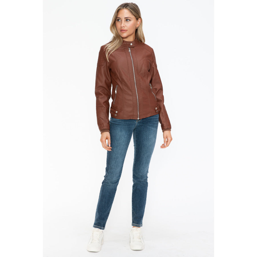 Snobbish Faux Leather Biker Jacket with Side Zip Pockets Apparel and Accessories