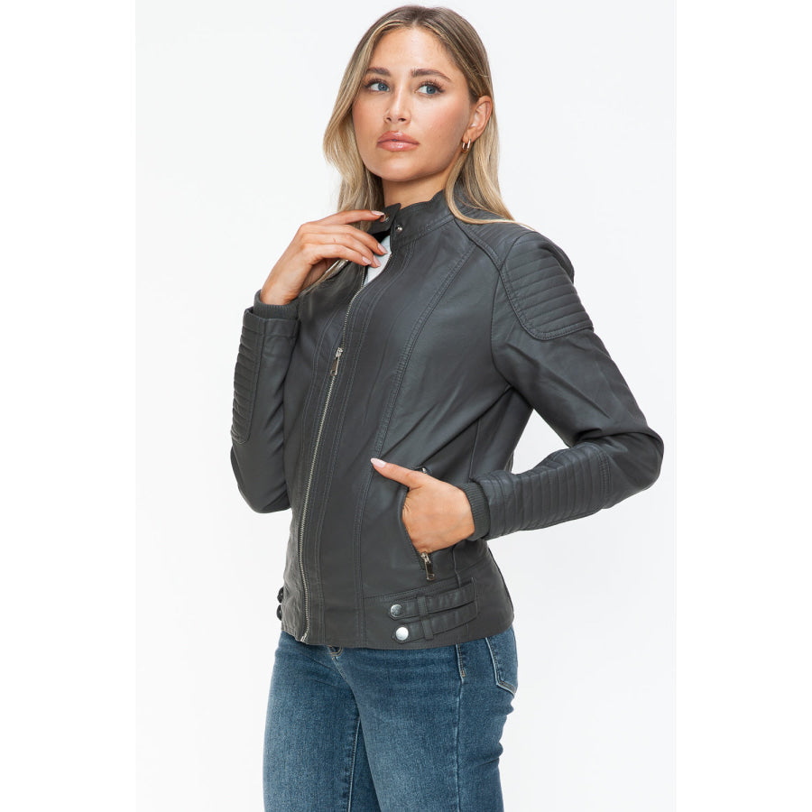 Snobbish Faux Leather Biker Jacket with Side Zip Pockets Apparel and Accessories