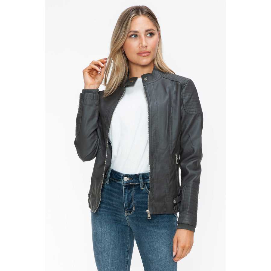 Snobbish Faux Leather Biker Jacket with Side Zip Pockets Apparel and Accessories