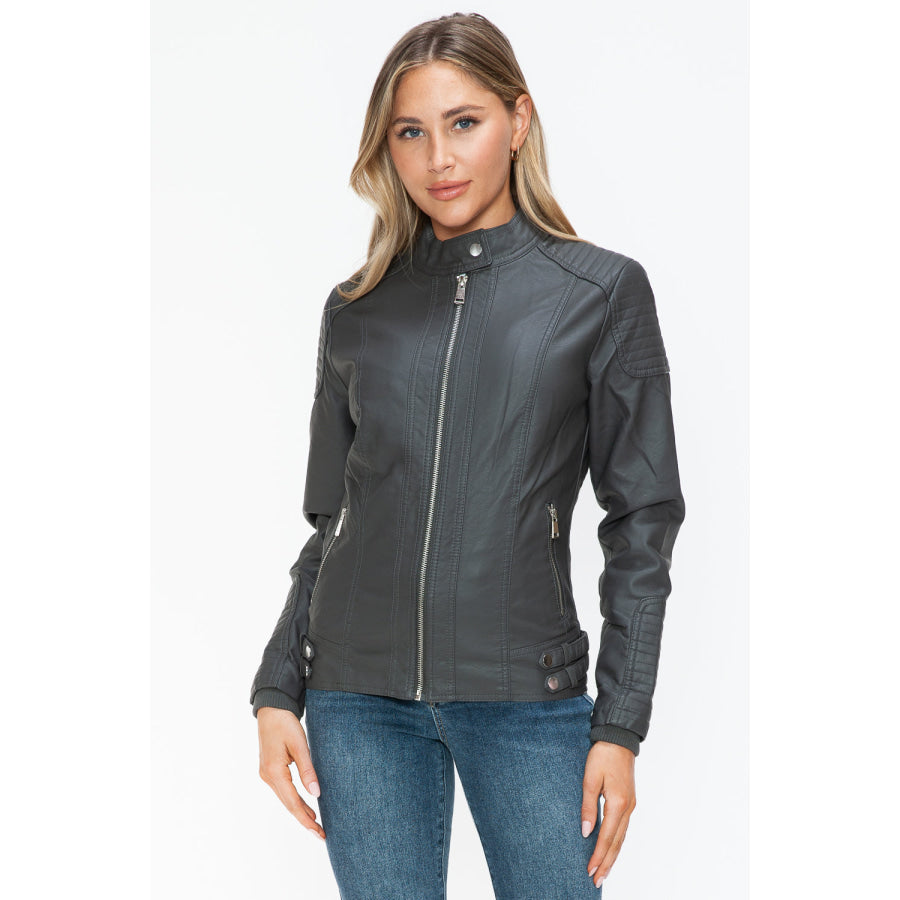 Snobbish Faux Leather Biker Jacket with Side Zip Pockets Apparel and Accessories