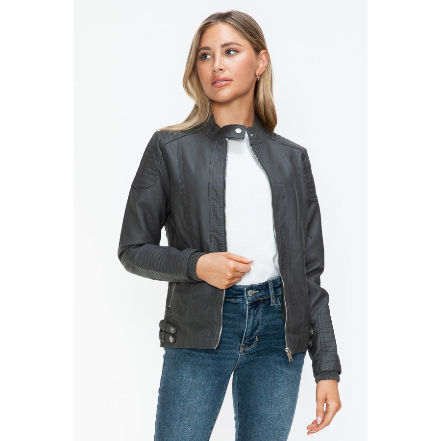 Snobbish Faux Leather Biker Jacket with Side Zip Pockets Apparel and Accessories