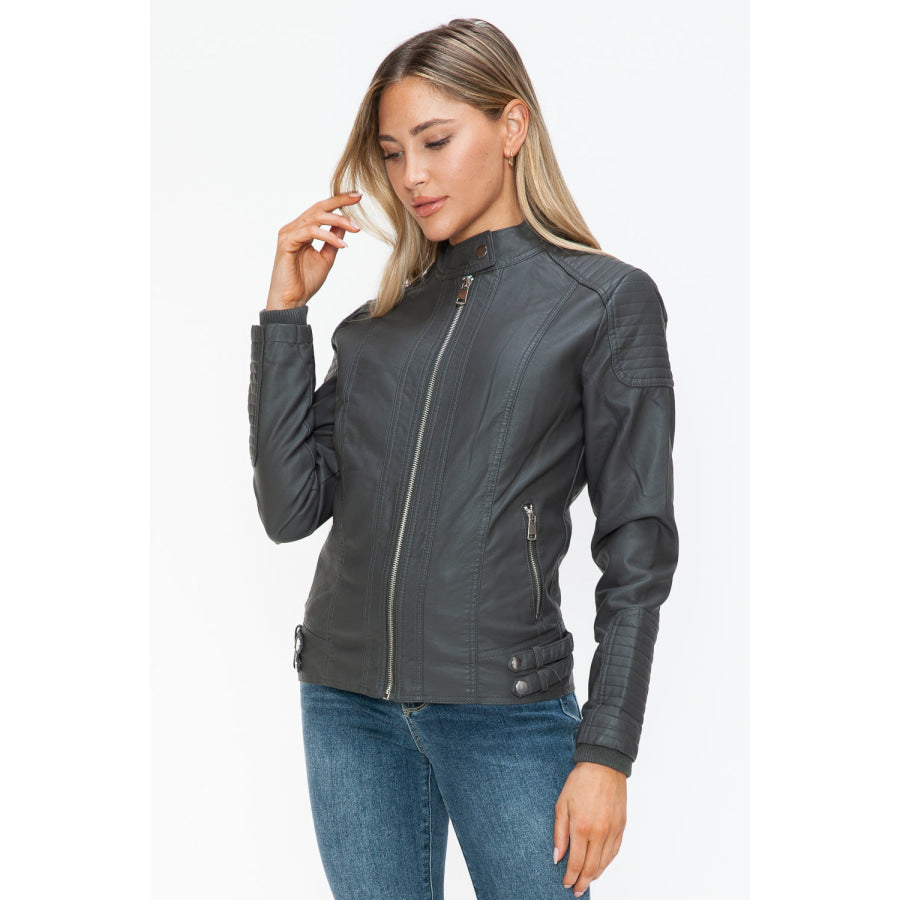 Snobbish Faux Leather Biker Jacket with Side Zip Pockets Apparel and Accessories