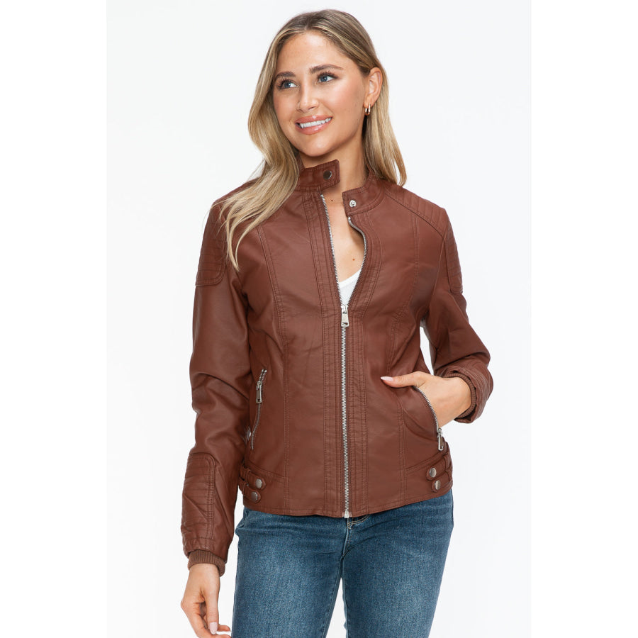 Snobbish Faux Leather Biker Jacket with Side Zip Pockets Apparel and Accessories