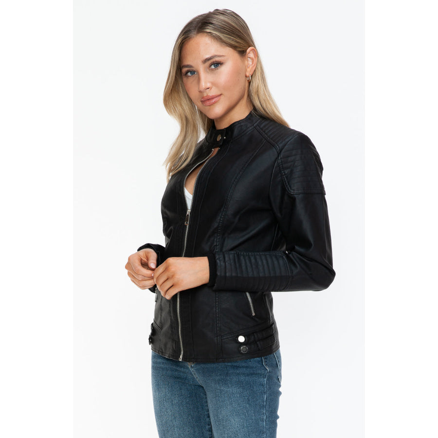 Snobbish Faux Leather Biker Jacket with Side Zip Pockets Apparel and Accessories