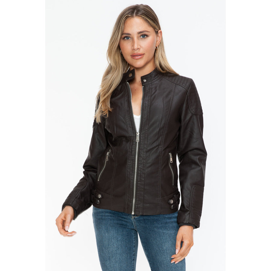 Snobbish Faux Leather Biker Jacket with Side Zip Pockets Apparel and Accessories