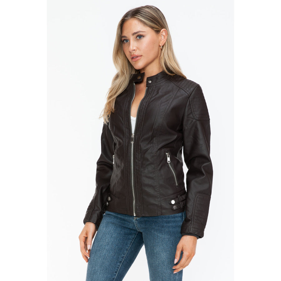 Snobbish Faux Leather Biker Jacket with Side Zip Pockets Apparel and Accessories