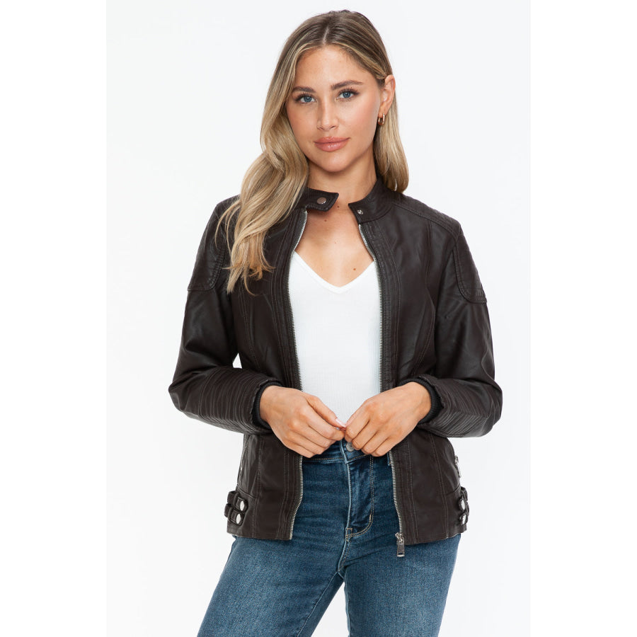 Snobbish Faux Leather Biker Jacket with Side Zip Pockets Apparel and Accessories