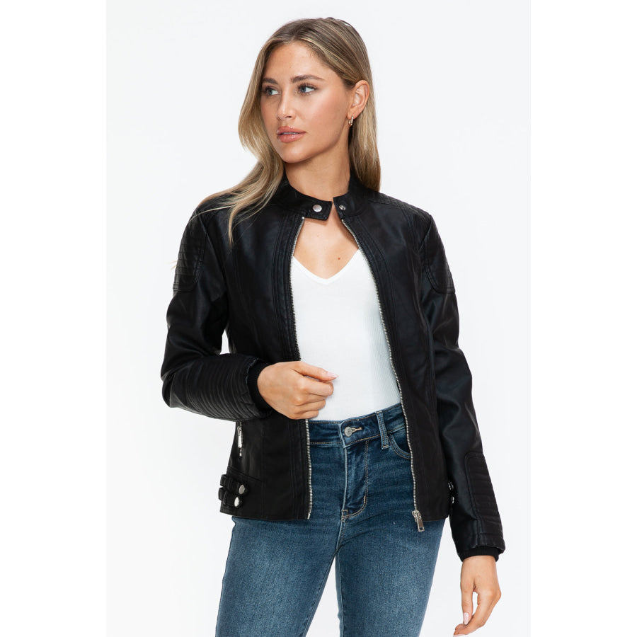 Snobbish Faux Leather Biker Jacket with Side Zip Pockets Apparel and Accessories