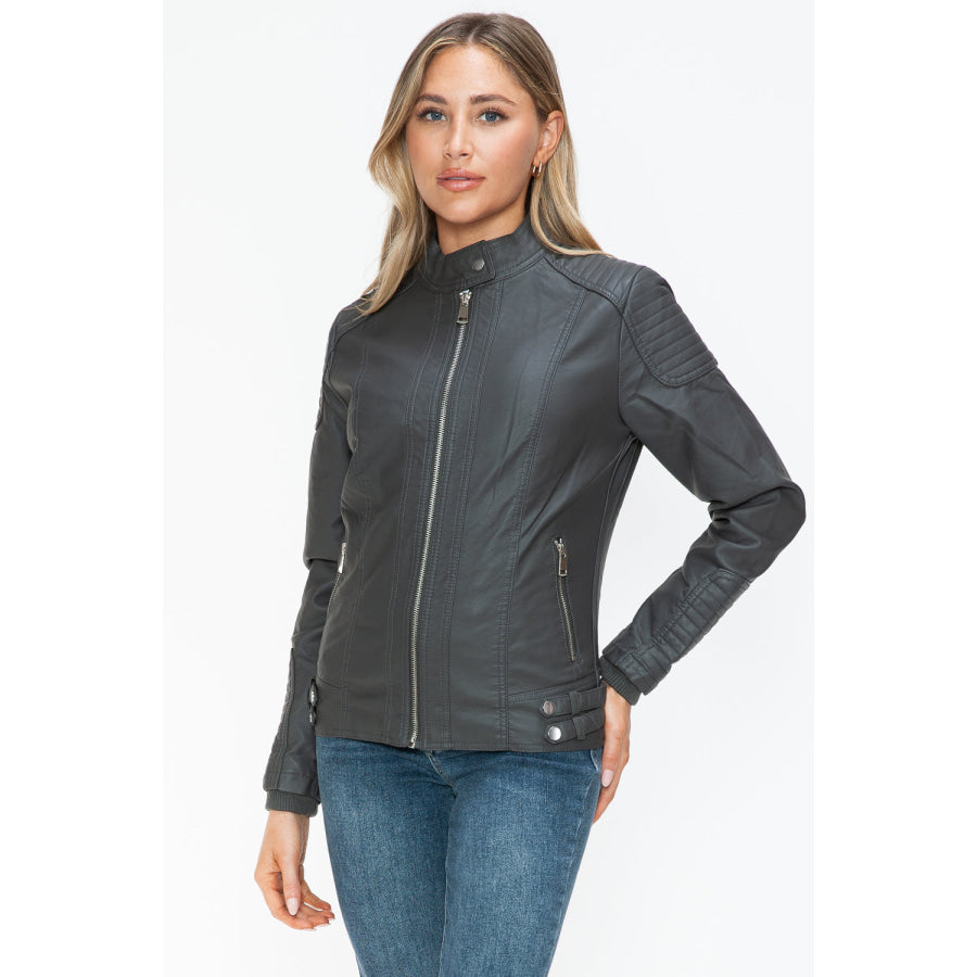 Snobbish Faux Leather Biker Jacket with Side Zip Pockets Apparel and Accessories