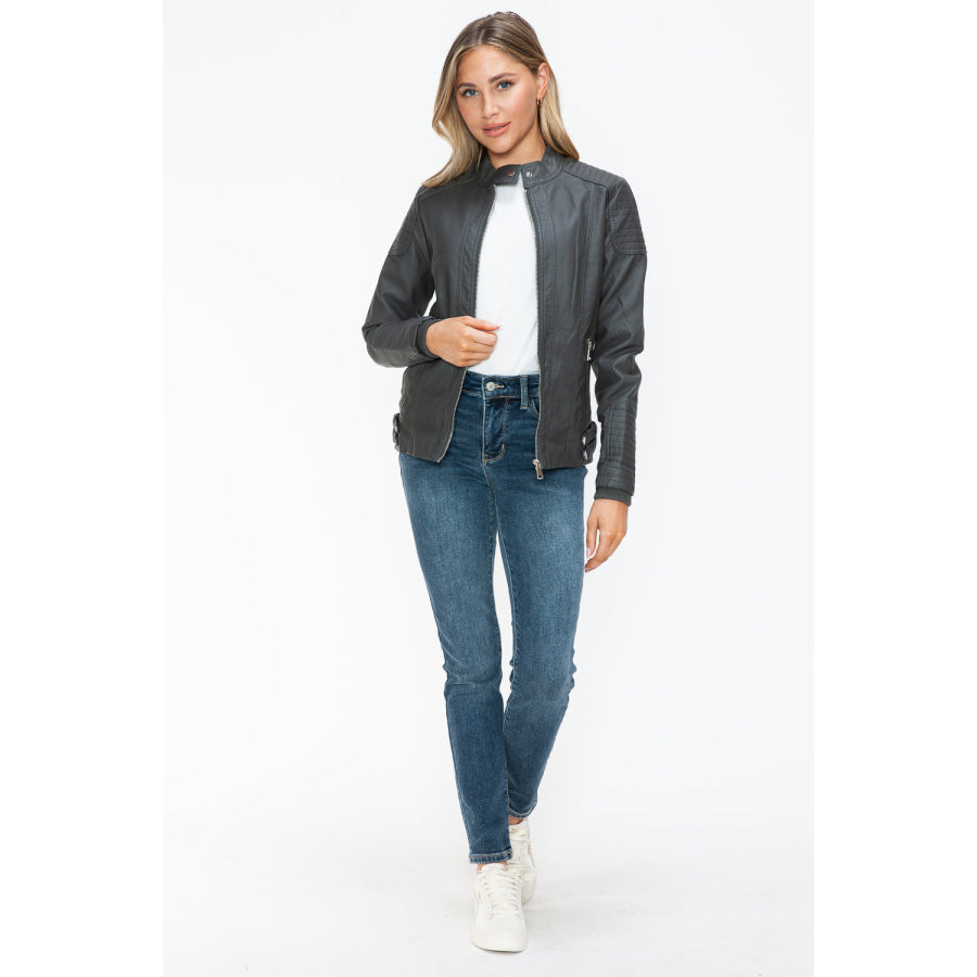 Snobbish Faux Leather Biker Jacket with Side Zip Pockets Apparel and Accessories