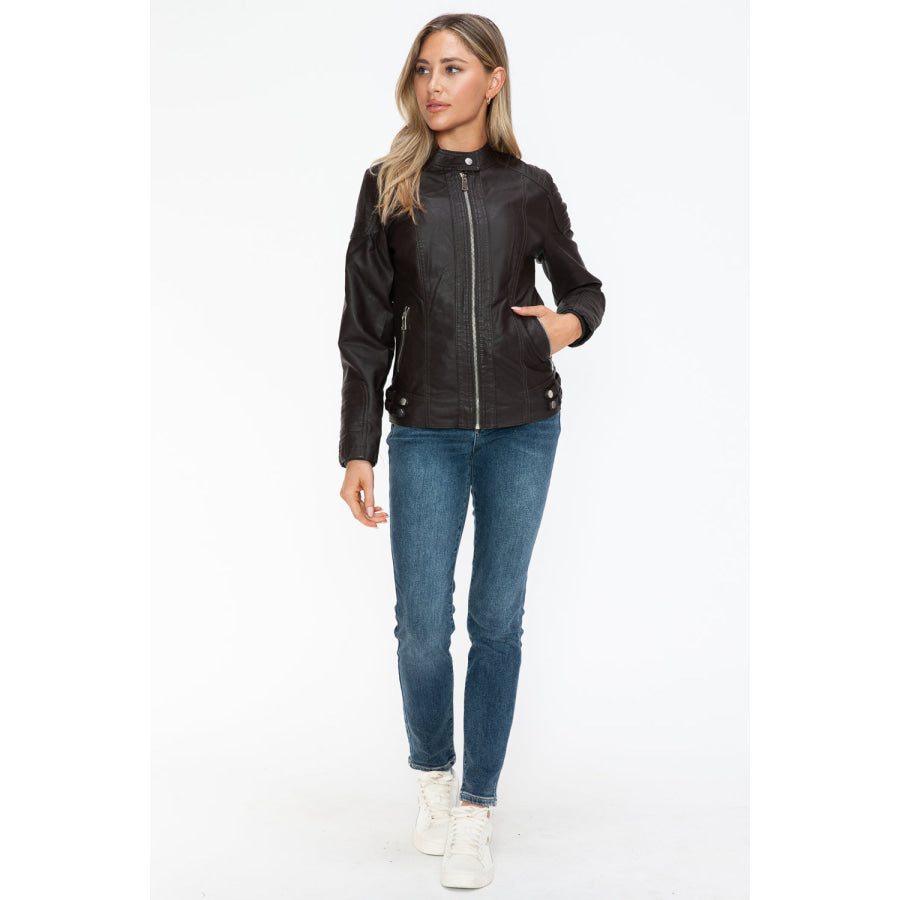 Snobbish Faux Leather Biker Jacket with Side Zip Pockets Apparel and Accessories