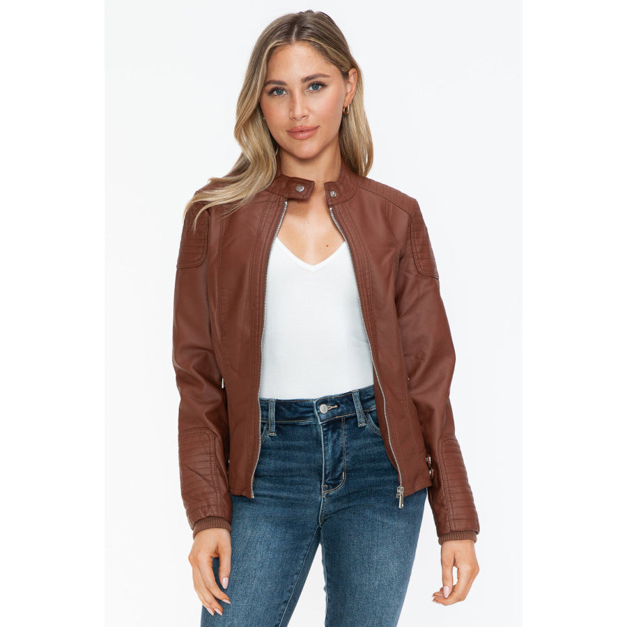 Snobbish Faux Leather Biker Jacket with Side Zip Pockets Brandy / S Apparel and Accessories