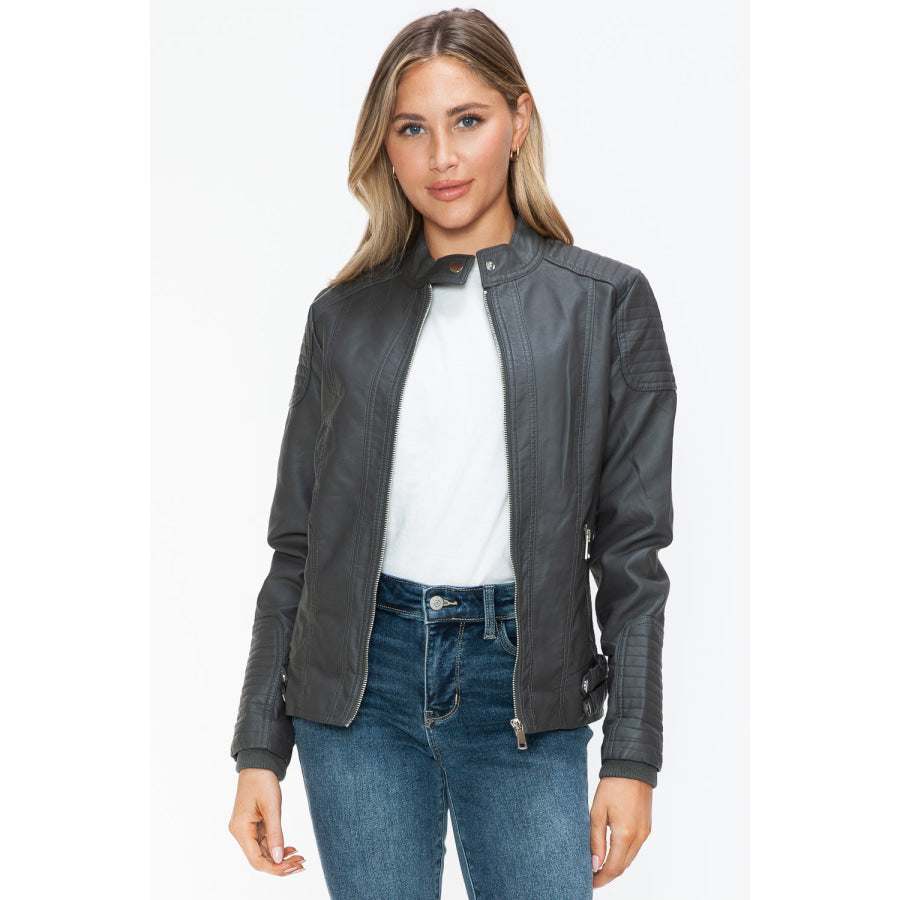 Snobbish Faux Leather Biker Jacket with Side Zip Pockets Charcoal / S Apparel and Accessories