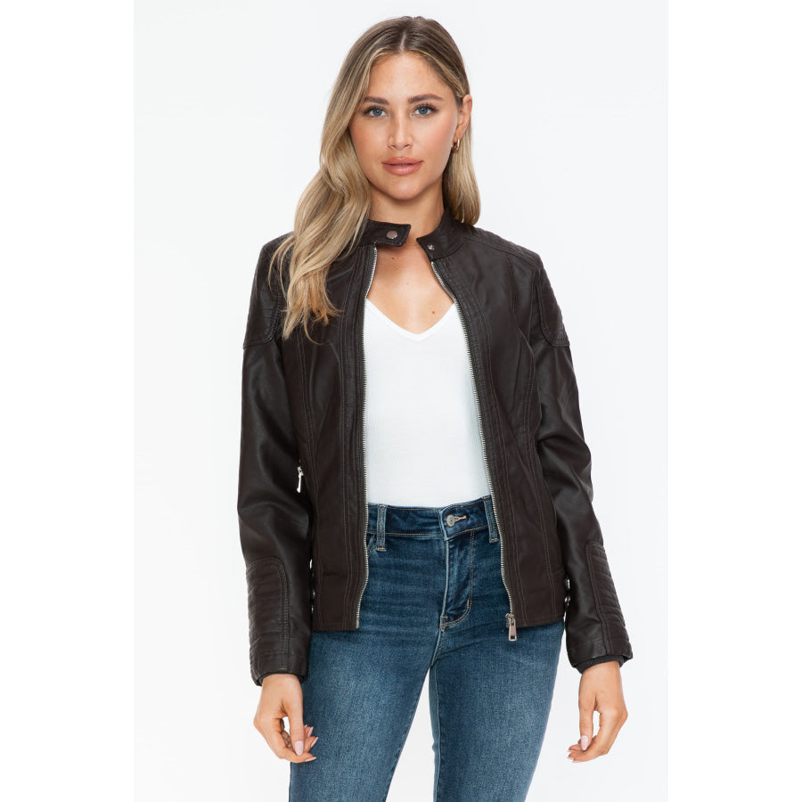 Snobbish Faux Leather Biker Jacket with Side Zip Pockets Chocolate / S Apparel and Accessories