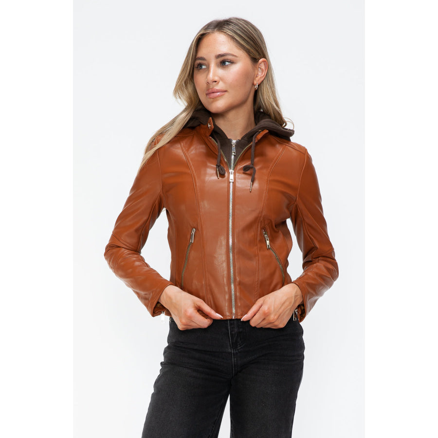 Snobbish Faux Leather Zip Up Drawstring Hooded Jacket Apparel and Accessories