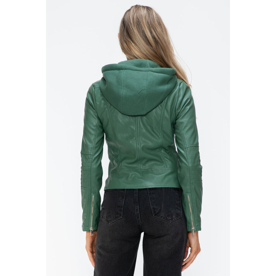 Snobbish Faux Leather Zip Up Drawstring Hooded Jacket Apparel and Accessories