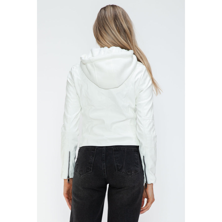 Snobbish Faux Leather Zip Up Drawstring Hooded Jacket White / S Apparel and Accessories