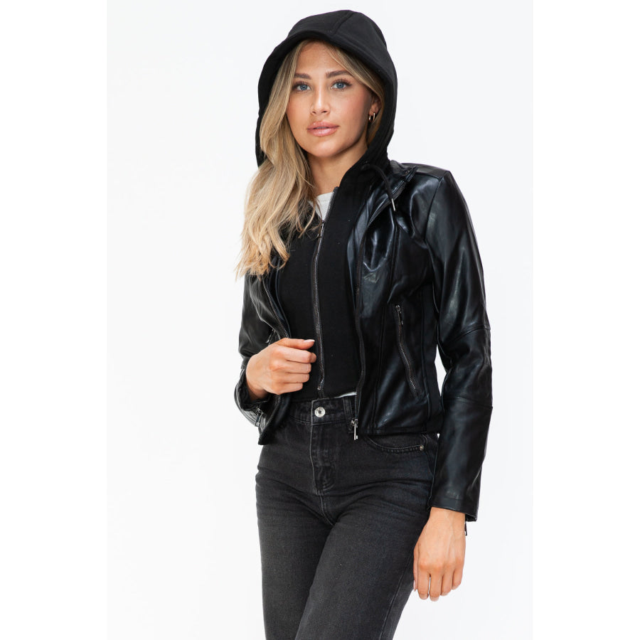 Snobbish Faux Leather Zip Up Drawstring Hooded Jacket Apparel and Accessories