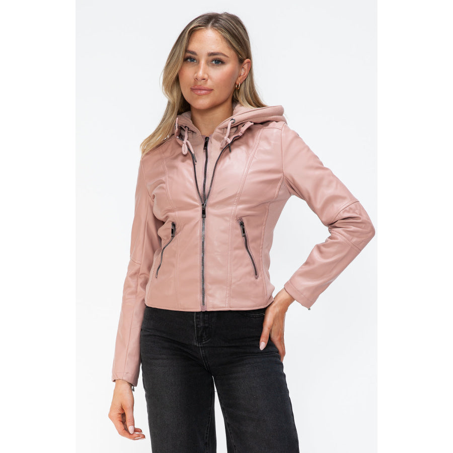 Snobbish Faux Leather Zip Up Drawstring Hooded Jacket Apparel and Accessories