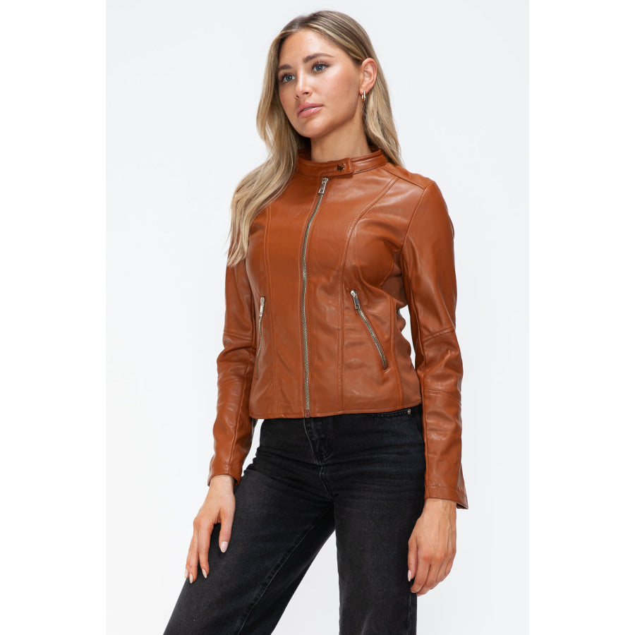 Snobbish Faux Leather Zip Up Drawstring Hooded Jacket Apparel and Accessories