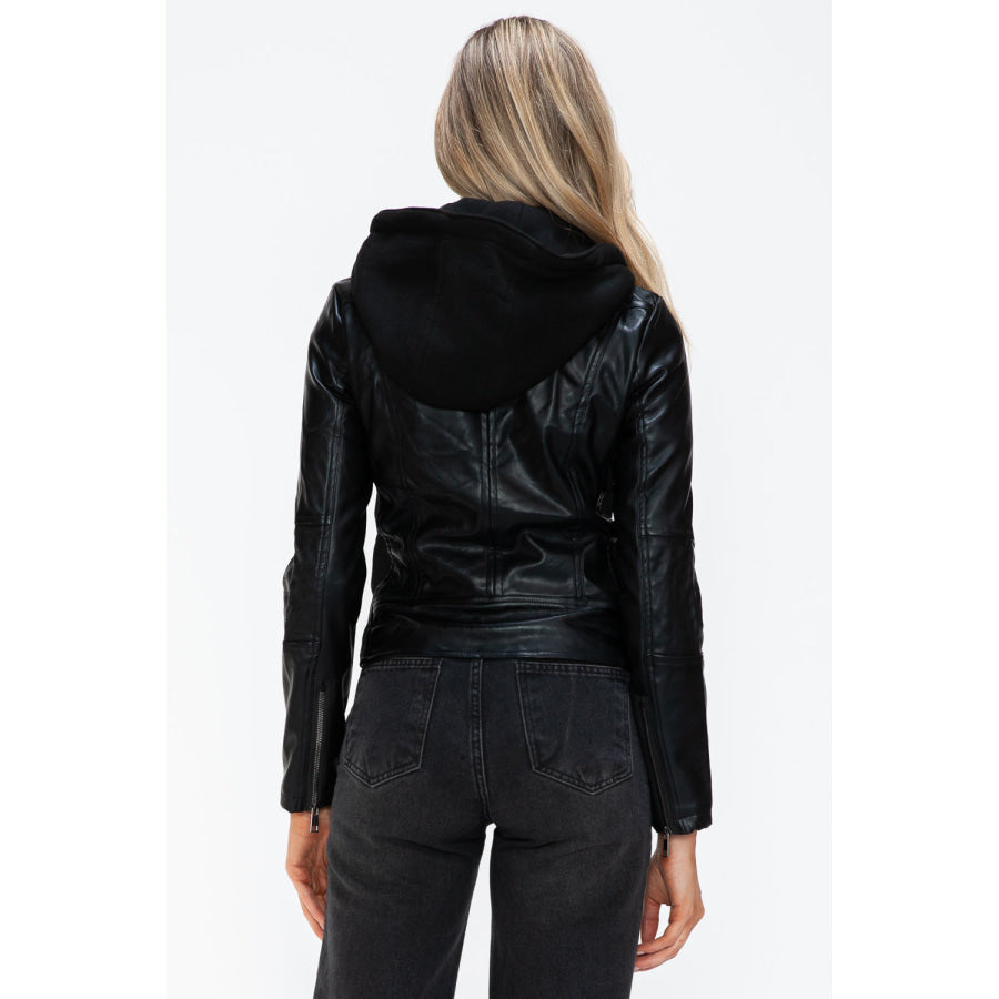 Snobbish Faux Leather Zip Up Drawstring Hooded Jacket Apparel and Accessories