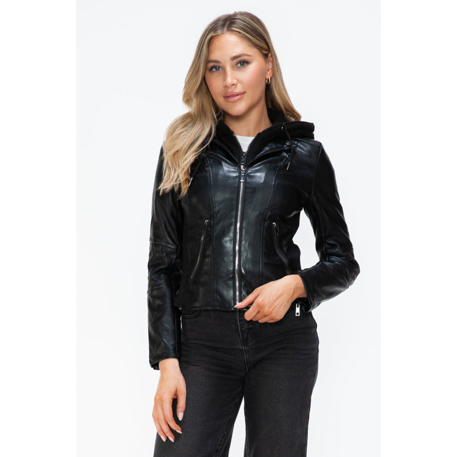 Snobbish Faux Leather Zip Up Drawstring Hooded Jacket Apparel and Accessories