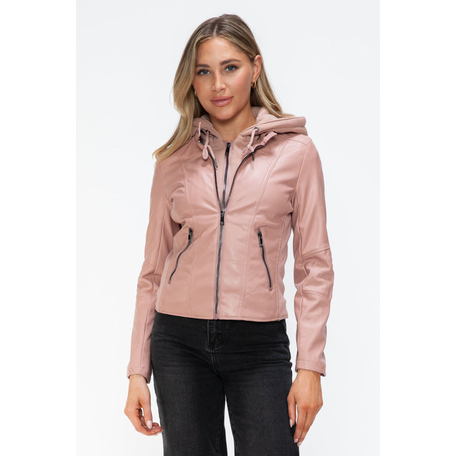 Snobbish Faux Leather Zip Up Drawstring Hooded Jacket Apparel and Accessories