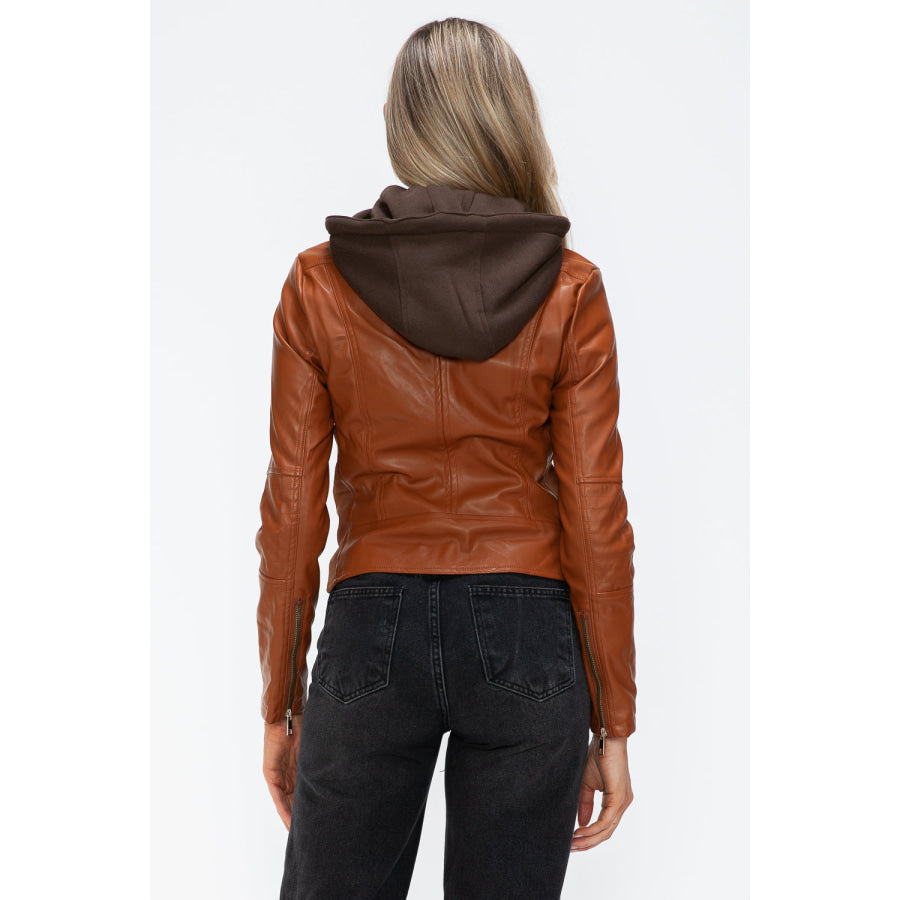 Snobbish Faux Leather Zip Up Drawstring Hooded Jacket Apparel and Accessories