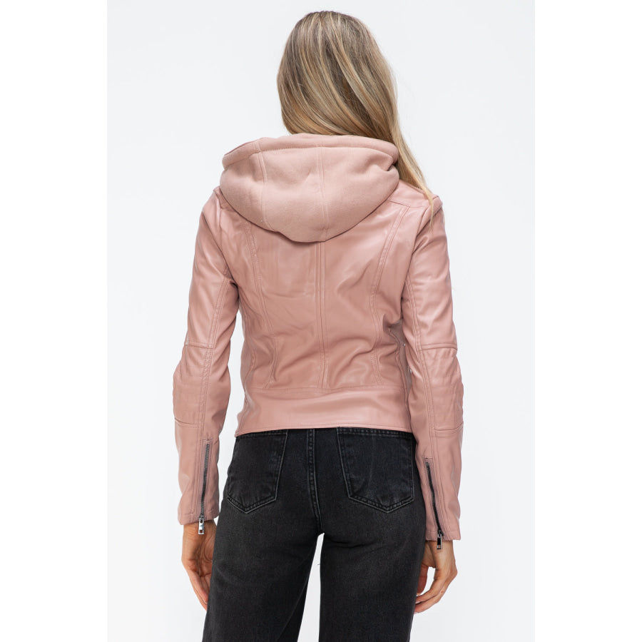 Snobbish Faux Leather Zip Up Drawstring Hooded Jacket Mauve / S Apparel and Accessories