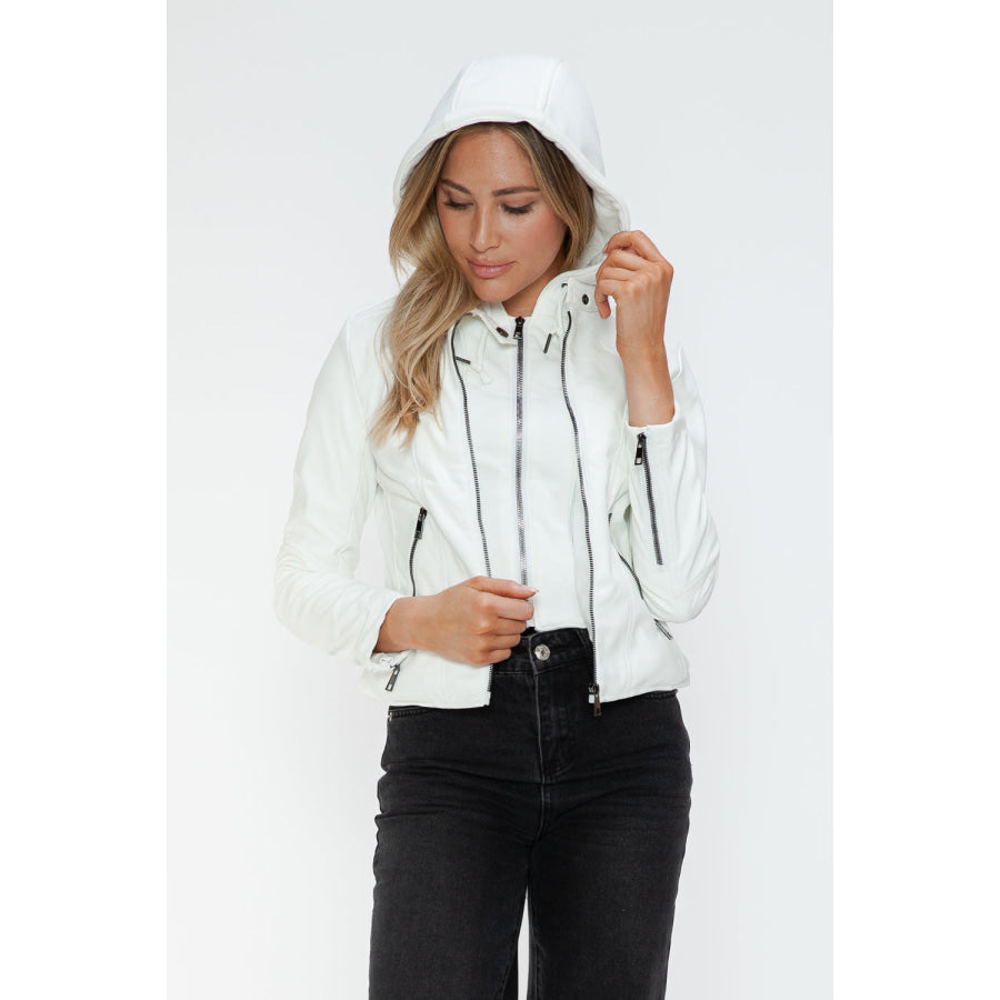 Snobbish Faux Leather Zip Up Drawstring Hooded Jacket Apparel and Accessories