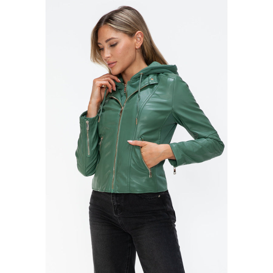 Snobbish Faux Leather Zip Up Drawstring Hooded Jacket Apparel and Accessories