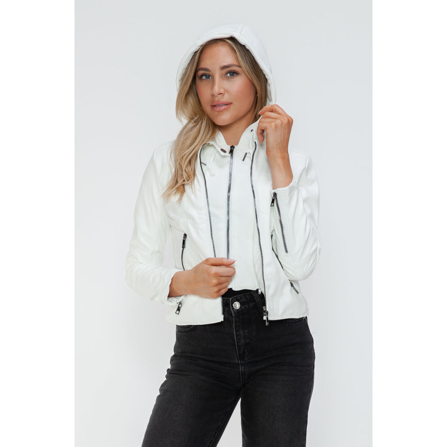 Snobbish Faux Leather Zip Up Drawstring Hooded Jacket Apparel and Accessories